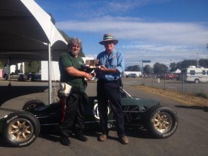 Alan McColl receives the Westwood Trophy from VRCBC President Stanton Guy. - VRCBC photo