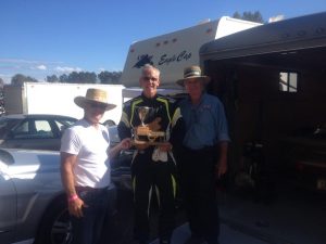 Kevin Estes receives the SCCBC Trophy from Bruce Banman (L) Honorary Starter of the First Annual Jim Latham Memorial Race and VRCBC President Stanton Guy (R). - VRCBC photo
